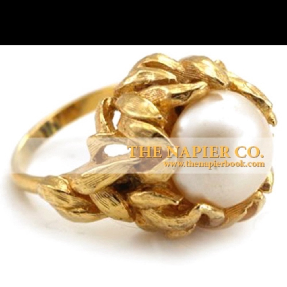 Vintage Napier ring with floral motif Center high rise faux pearl 1920 gold tone